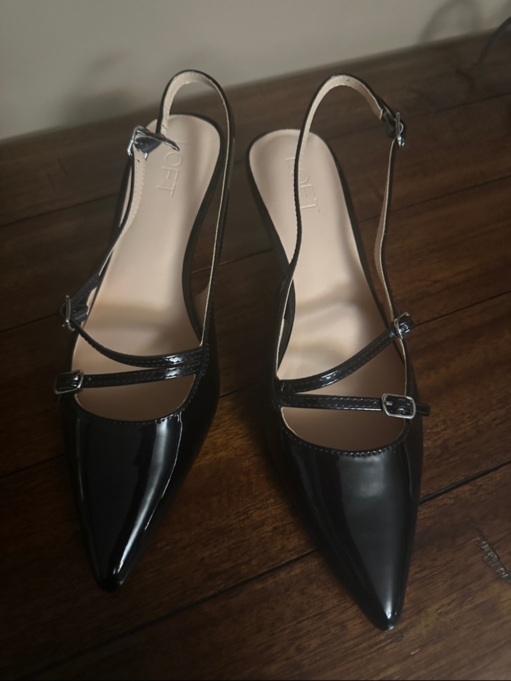 LOFT Black Patent Pointed Slingback Kitten Heels with Straps - Picture 2 of 4